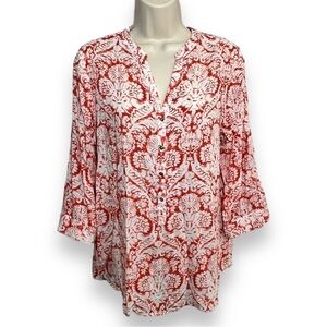 ANTILIA Femme Women’s 3/4 Sleeve V-Neck Blouse Red/White Size Large